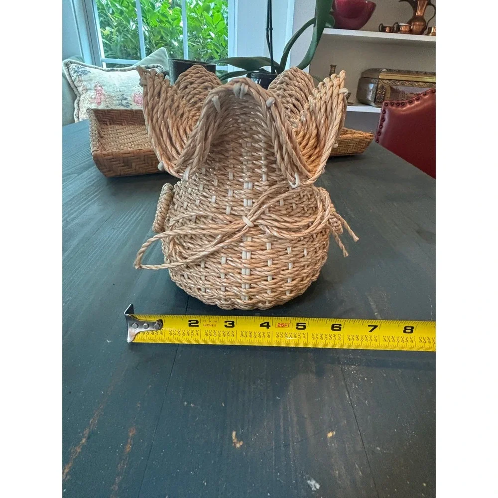 Vintage Woven Straw Ruffle Top Basket Bow Detail Boho Decor Made in Korea